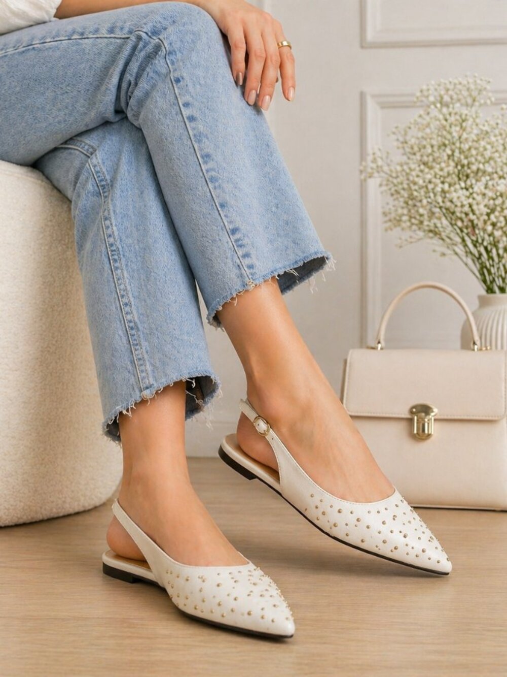 Nine West Beamz Slingback Flats Cream Gold Studded Pointed Toe Size 7
